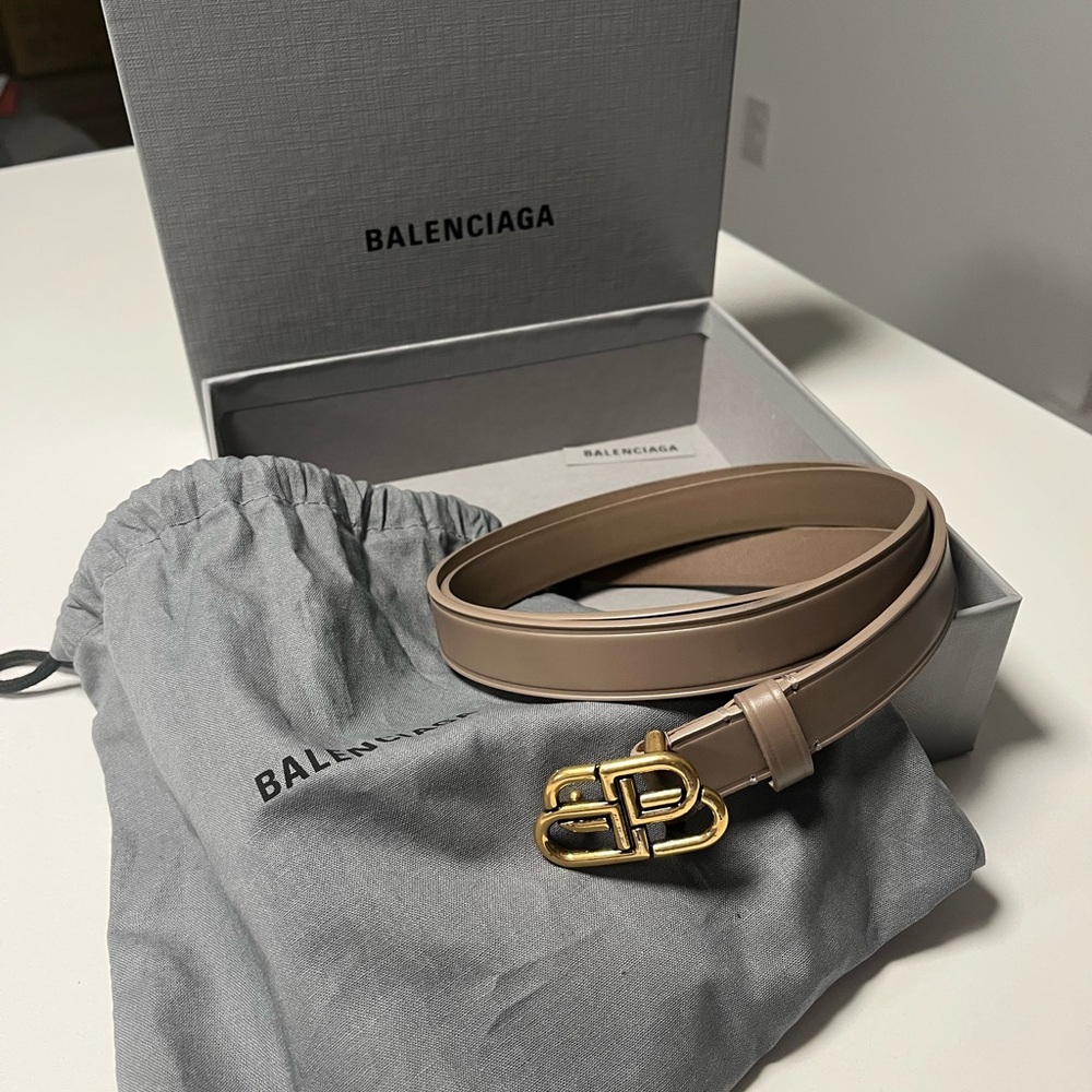 *AUTHENTIC* Balenciaga Taupe Leather Belt with Gold Buckle